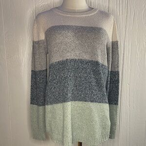 Women’s Crewneck Striped Knit Sweater - Pink Clover - Gray, Light Green, White